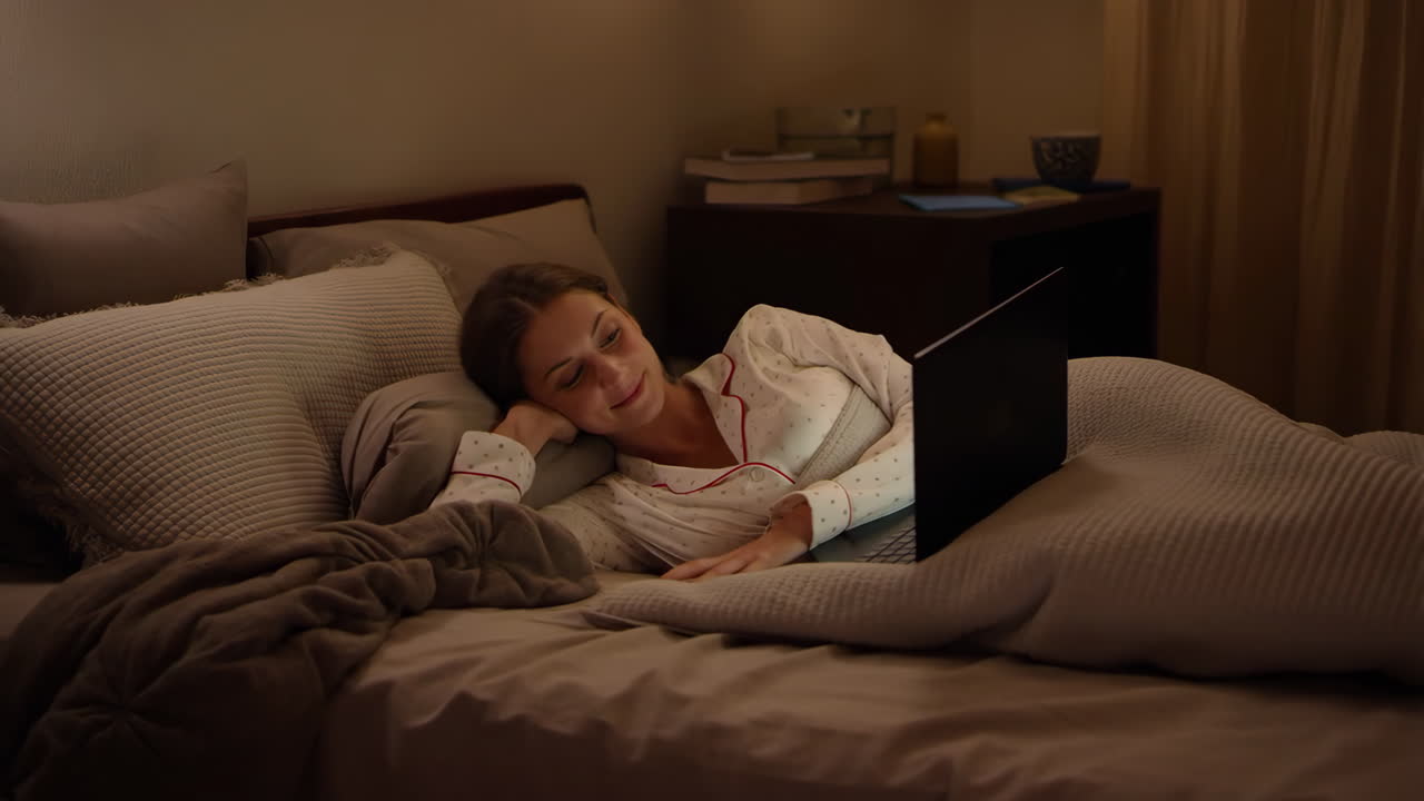 Ung kvinde slapper af i sengen og ser på sin bærbare computer om natten