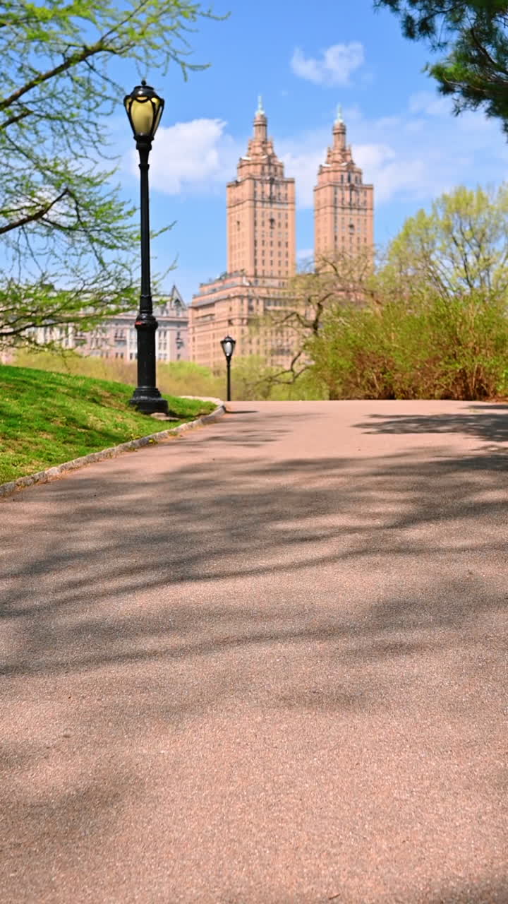 Exploring Central Park with skyline view. Strolling along the pathway in Central Park reveals stunning architecture of nearby buildings under a clear blue sky