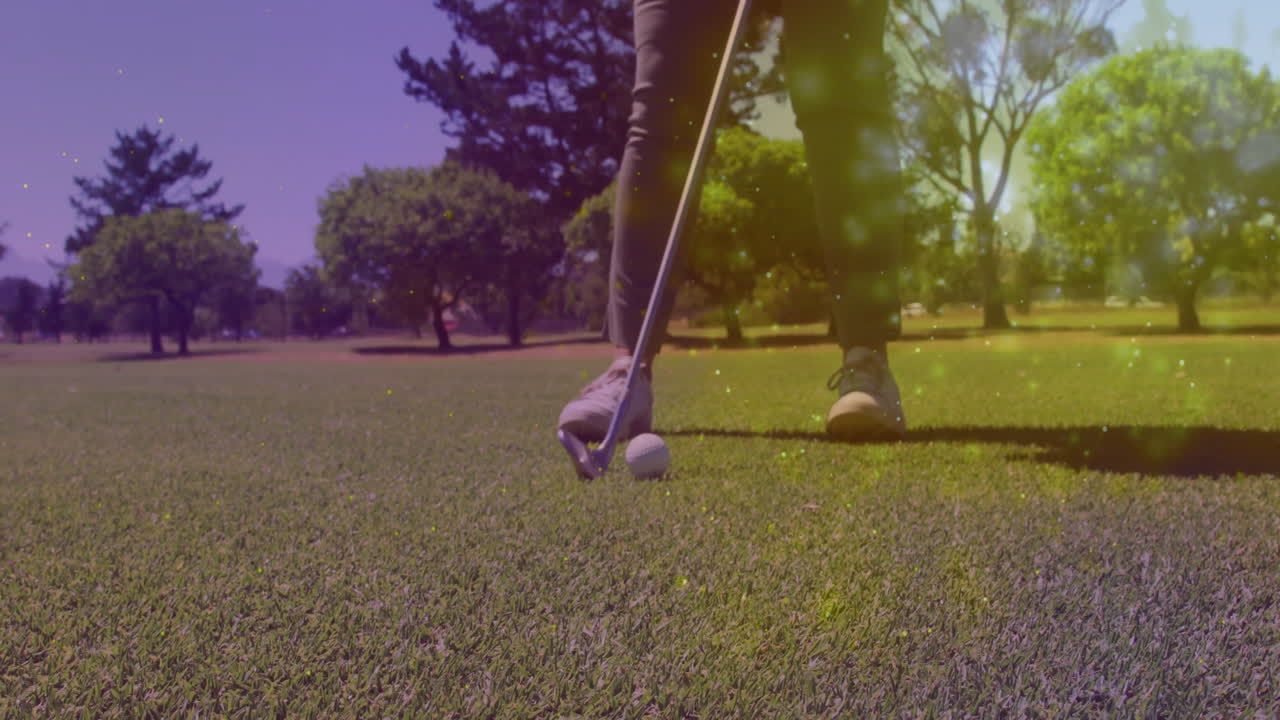 woman tapping golf ball on putting green, showing animated performance graph for sports analytics