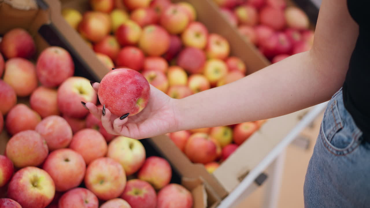 primer plano de una mujer recogiendo una manzana roja de una caja de manzanas, observándola brevemente antes de colocarla de nuevo en la caja en un entorno de tienda de comestibles