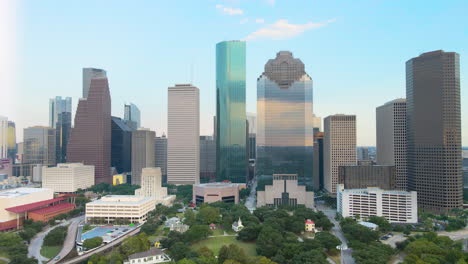 houston texas skyscraper drone 4k video, blue sky