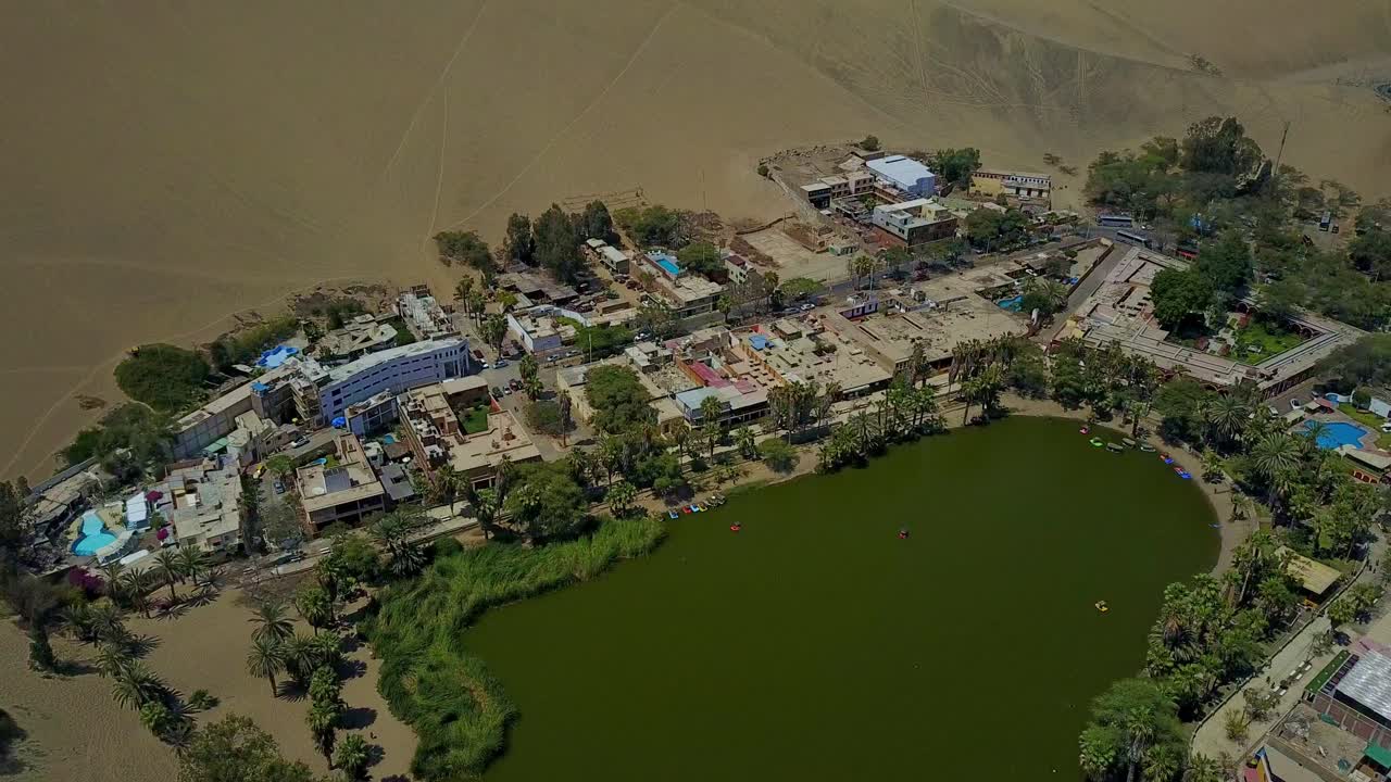 페루의 아타카마 사막의 모래 언덕으로 둘러싸인 후아카치나 오아시스 호수 위에서 공중 촬영