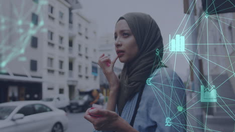 animation of a network of connected business icons and woman wearing hijab on city street