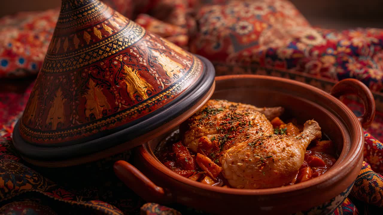 Sliding decorated tagine lid tilting, revealing tomato stew with roasted chicken leg on tabletop