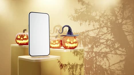 Smartphone-mockup-with-three-jack-o'-lanterns,-on-yellow-background