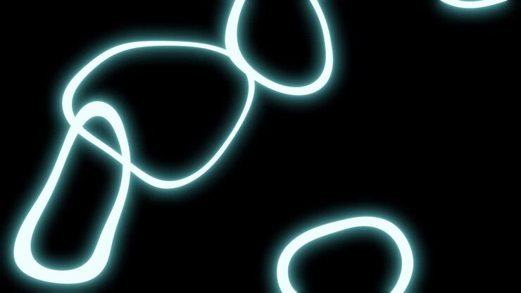 Sfondo astratto. Forme rotonde luminose azzurre che si muovono e si trasformano su sfondo nero.