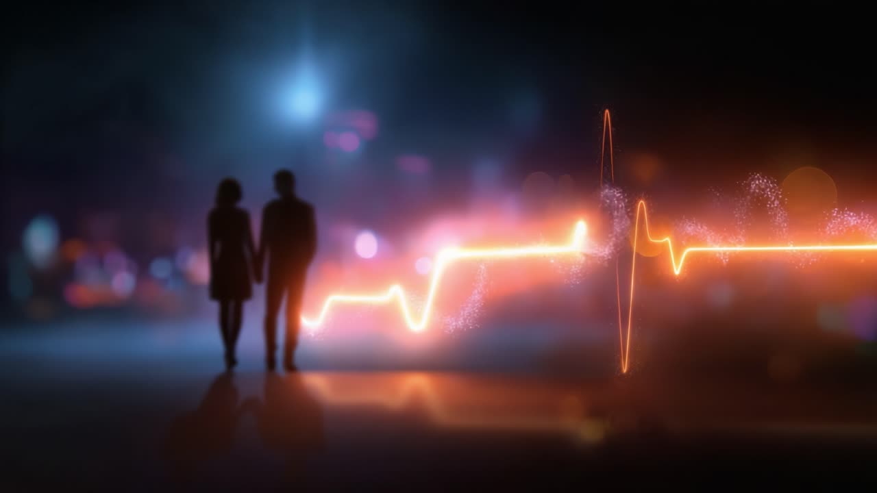 Un viaggio romantico: coppia in silhouette che si tiene per mano su uno sfondo notturno vivido con visualizzazione del battito cardiaco che cattura l'essenza dell'amore e della connessione