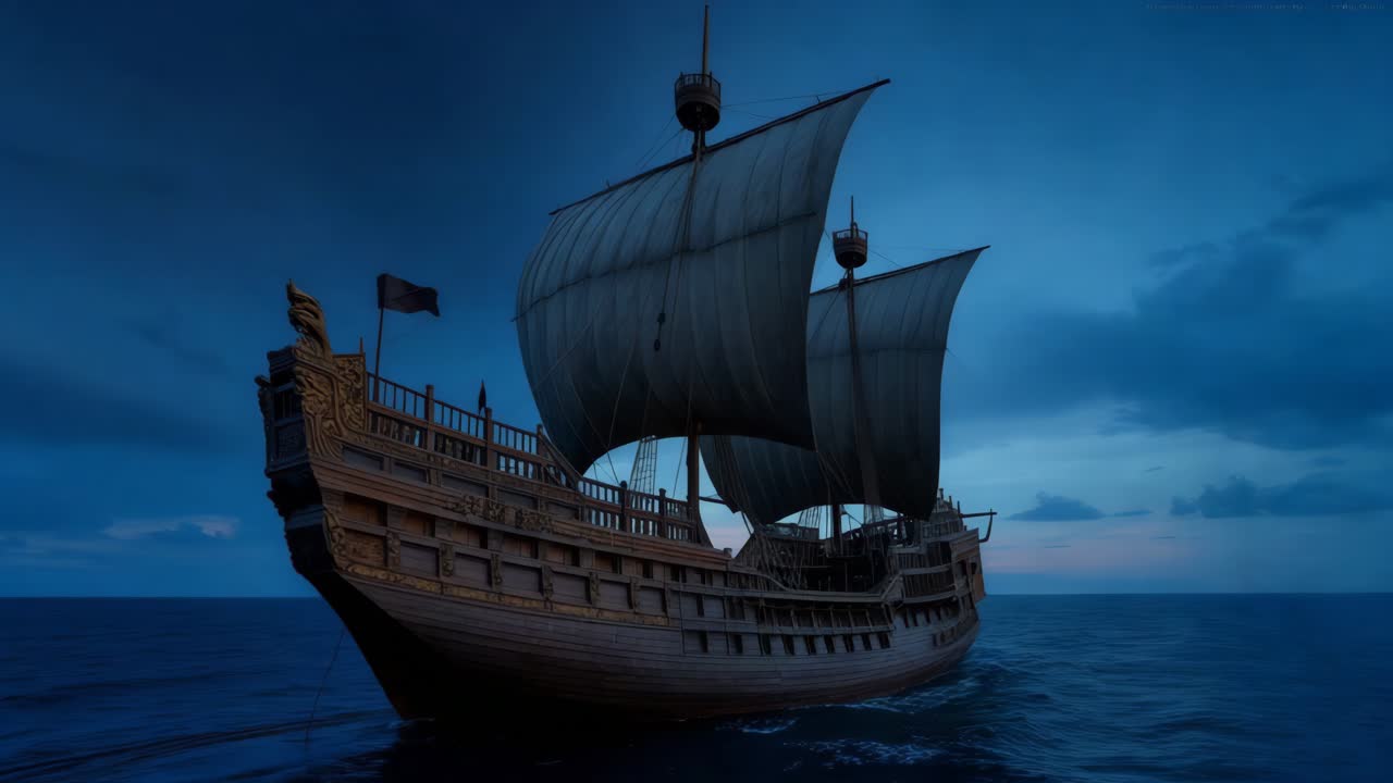 밤 에 고대 의 목조 항해 선박