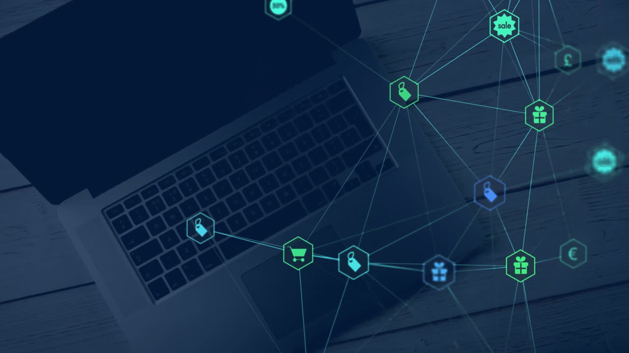 Animation of network of connections with icons over laptop