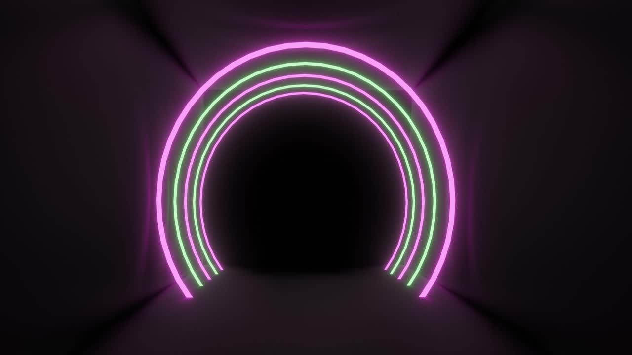 arcos de luz de neón rosado y amarillo concétricos pulsando sobre un fondo negro