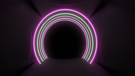 Concetric-pink-and-yellow-neon-light-arches-pulsating-on-a-black-background