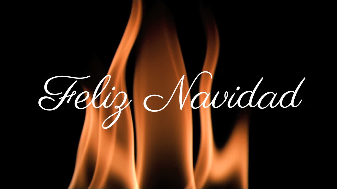 Feliz Navidad text animation over flames on black background