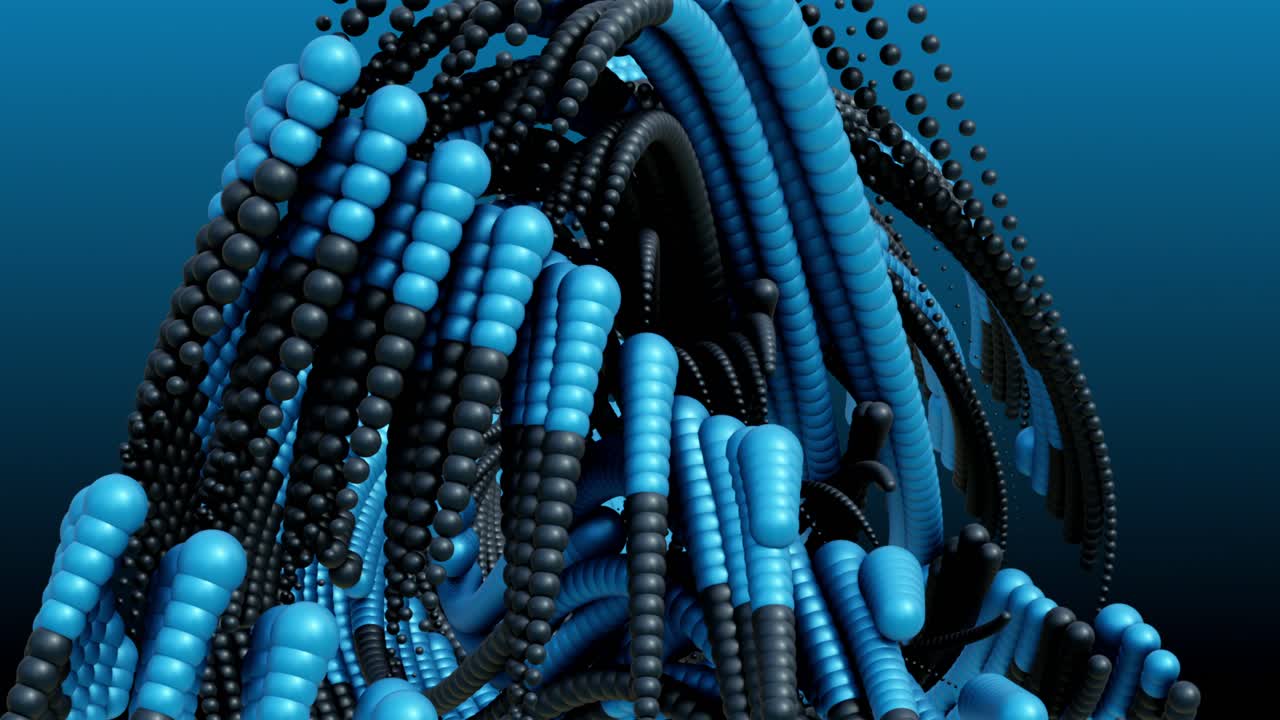 Chaotic animation of blue and black spheres forming abstract moving organic formation