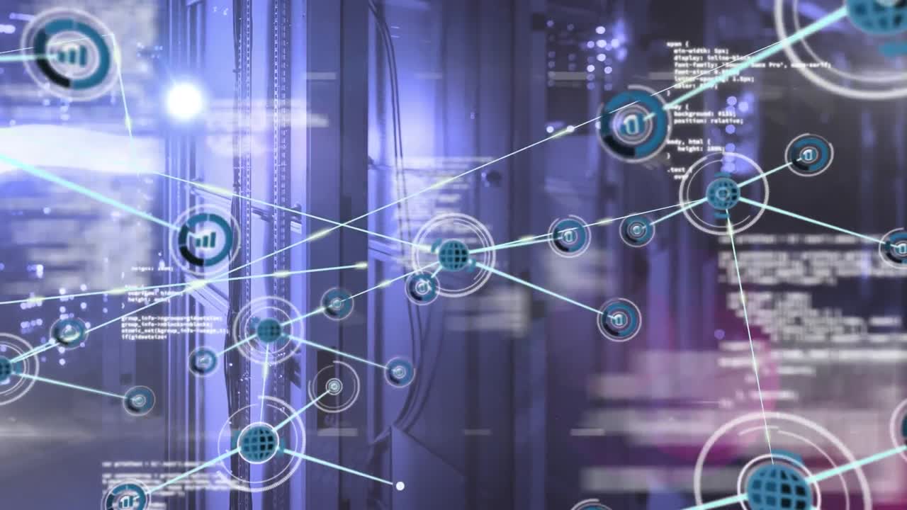 Animation of connected icons and lens flares with programming language over server rack