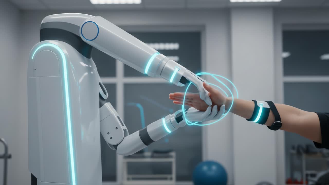 A Futuristic Interaction Between a Robotic Arm and a Human Hand: Showcasing the Integration of Advanced Technology in Personal Assistance and Rehabilitation
