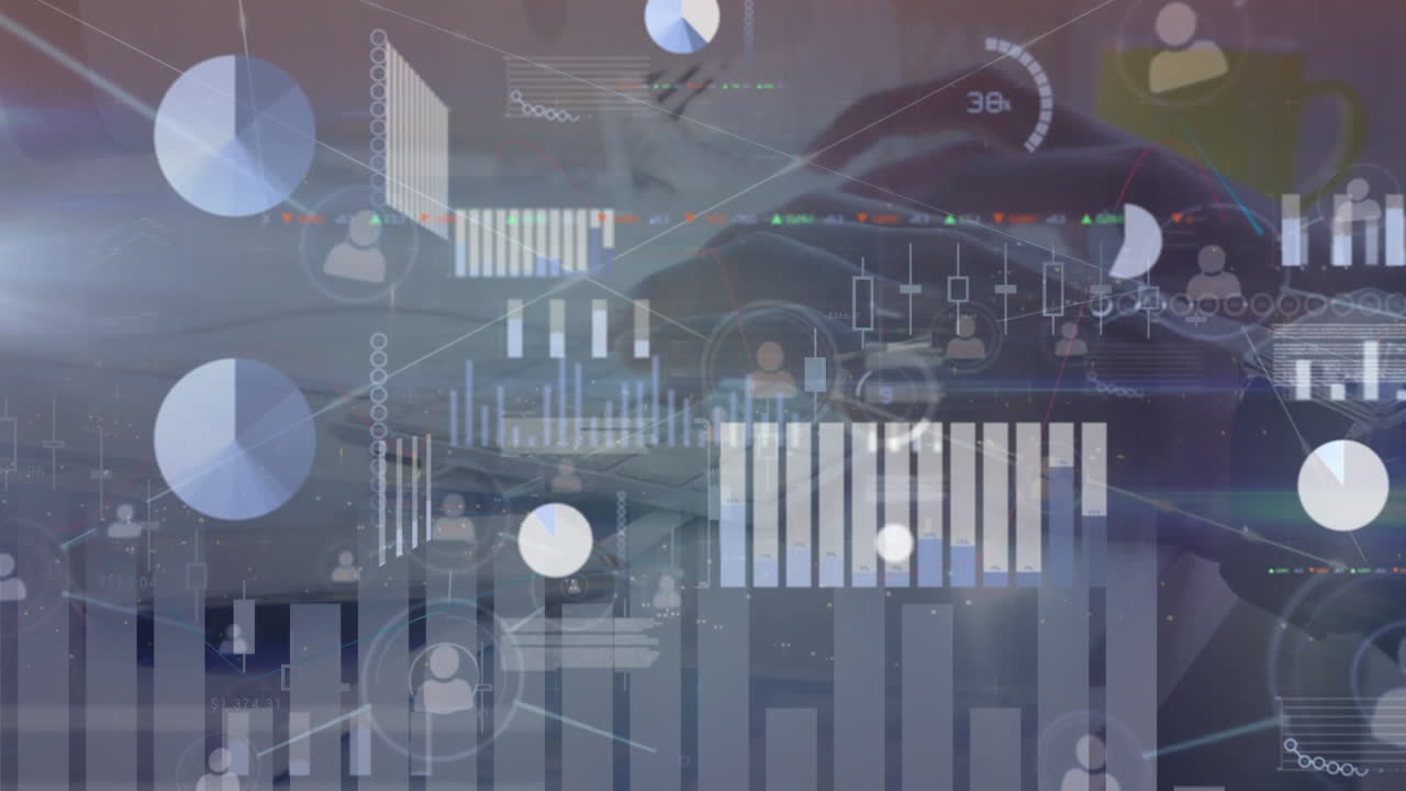 Animation of financial data processing over caucasian man typing on computer keyboard