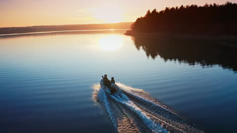 motor boat on the river. aerial drone view of rest on the river by boat