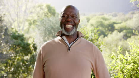 Retrato-De-Un-Feliz-Hombre-Afroamericano-Calvo-Sonriendo-En-La-Naturaleza-Soleada,-Cámara-Lenta