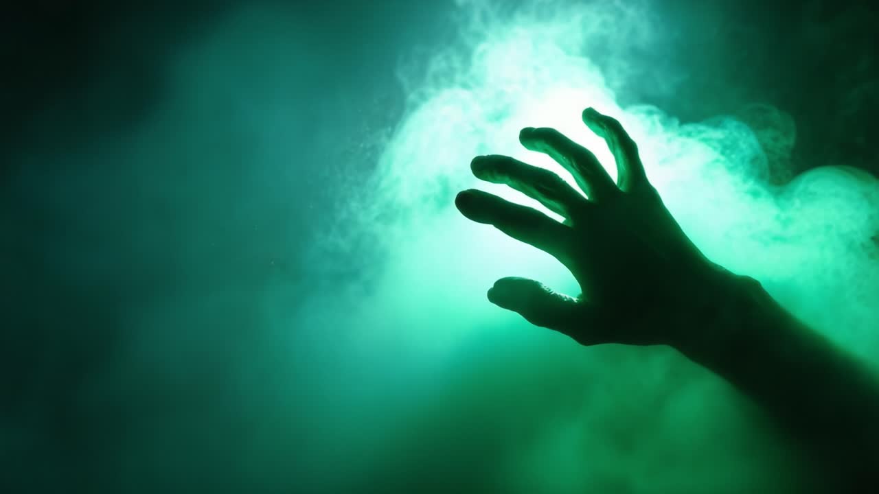 A Sinister Ethereal Hand Emerges from Dense Green Mist, Evoking Chills and Haunting Imagery in a Spooky Atmosphere of Darkness and Mystery