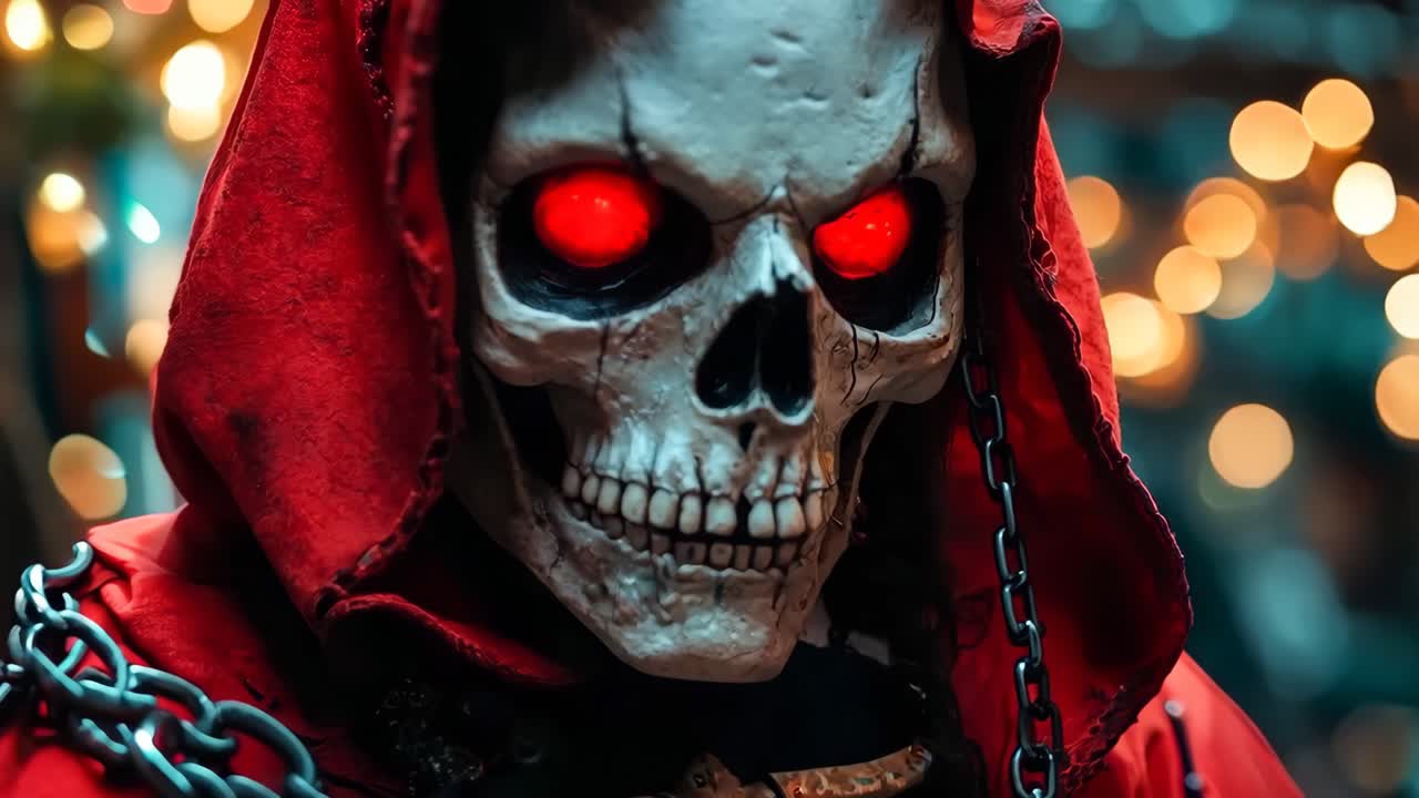 un hombre con una túnica roja con capucha y un cráneo en la cabeza