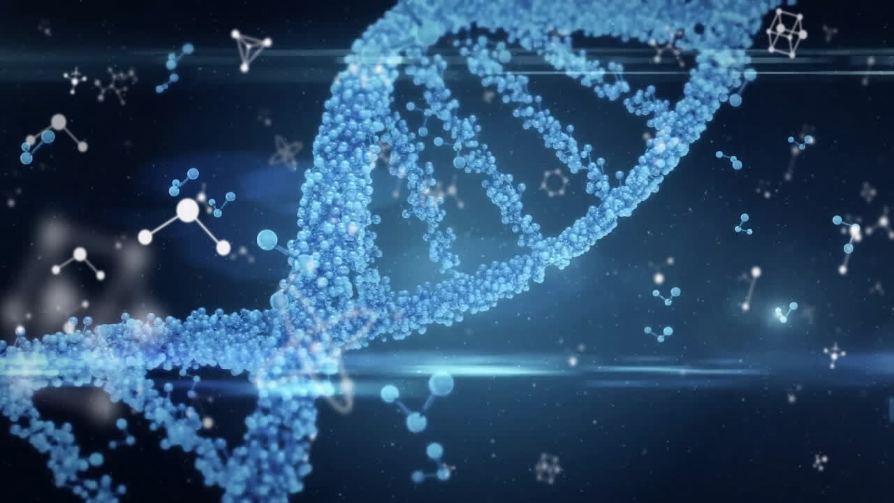 Animazione di molecole fluttuanti e filamento di DNA su sfondo nero.
