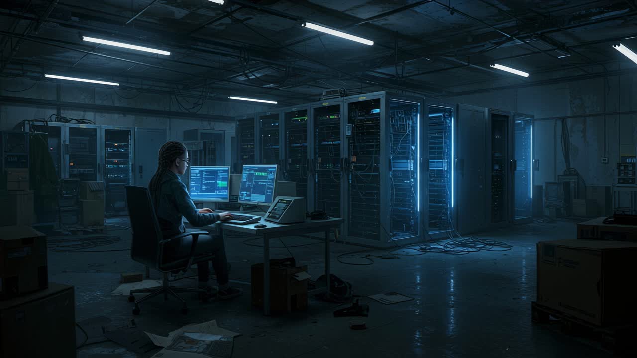 Tech enthusiast works late into the night in a dimly lit server room surrounded by computer servers and monitors