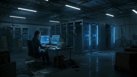 tech enthusiast works late into the night in a dimly lit server room surrounded by computer servers and monitors