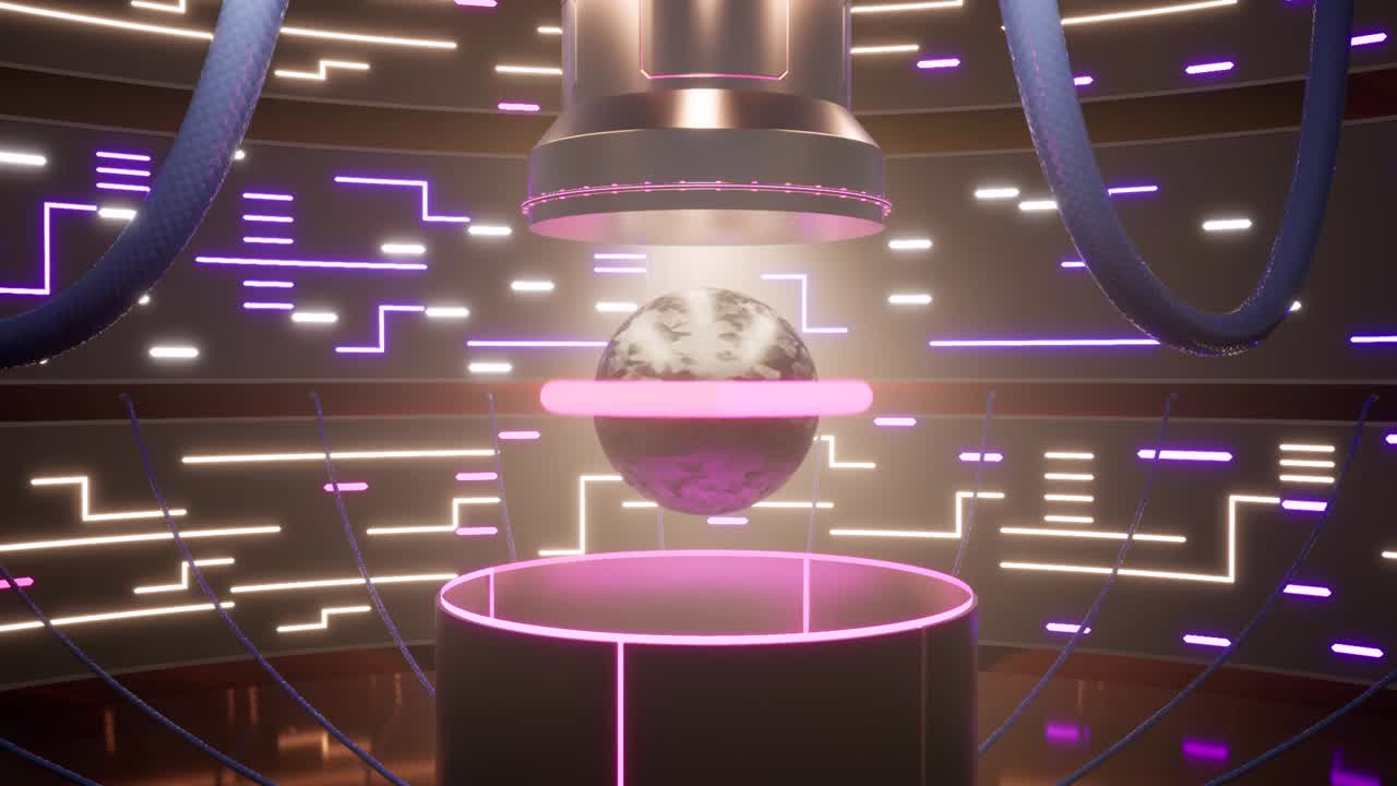 인공 지능 시스템, 컴퓨터 비전, 딥 러닝, 빛나는 네온 불빛, 광택 있는 표면, 케이블 연결, 3d 애니메이션 카메라가 천천히 축소됩니다.