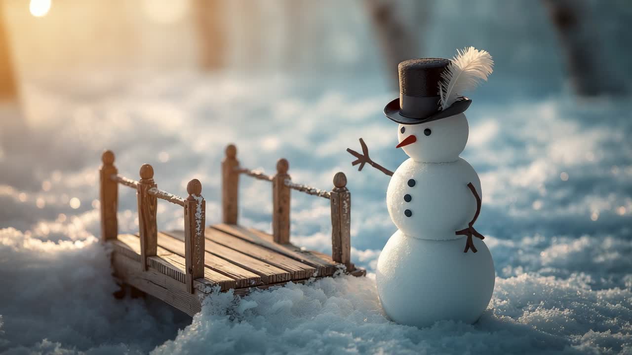 Streaming sunlight illuminating snowman by wooden footbridge on snow, creating winter scene