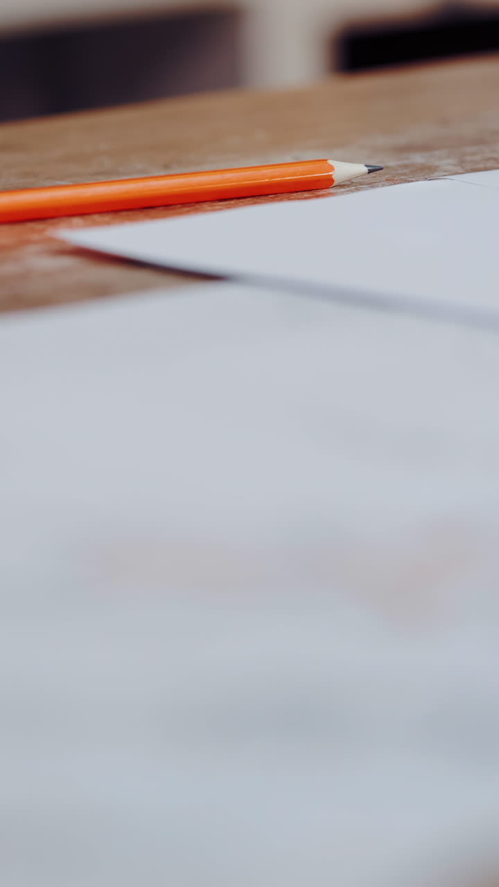 Many white sheets of paper with sketches of modern designes on the table. Ready drawings written on papers for fashionable clothes. Drawing and craft design. Vertical video