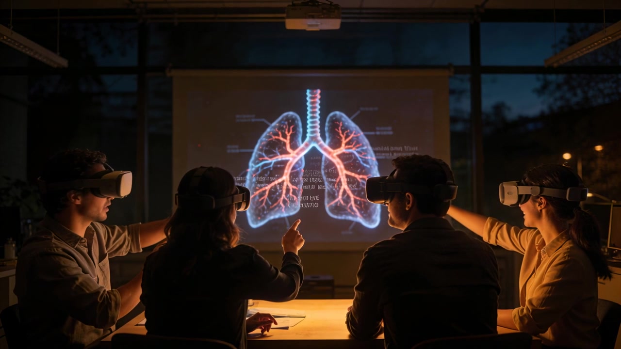 Projection appearing four adults wearing VR headsets pointing and reviewing lungs at lab table