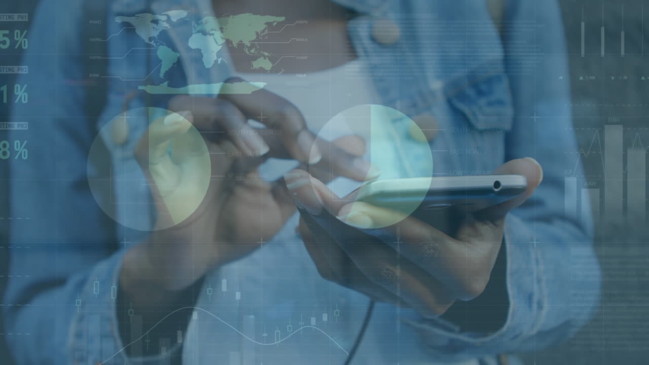 Animation of financial data processing over biracial woman using smartphone