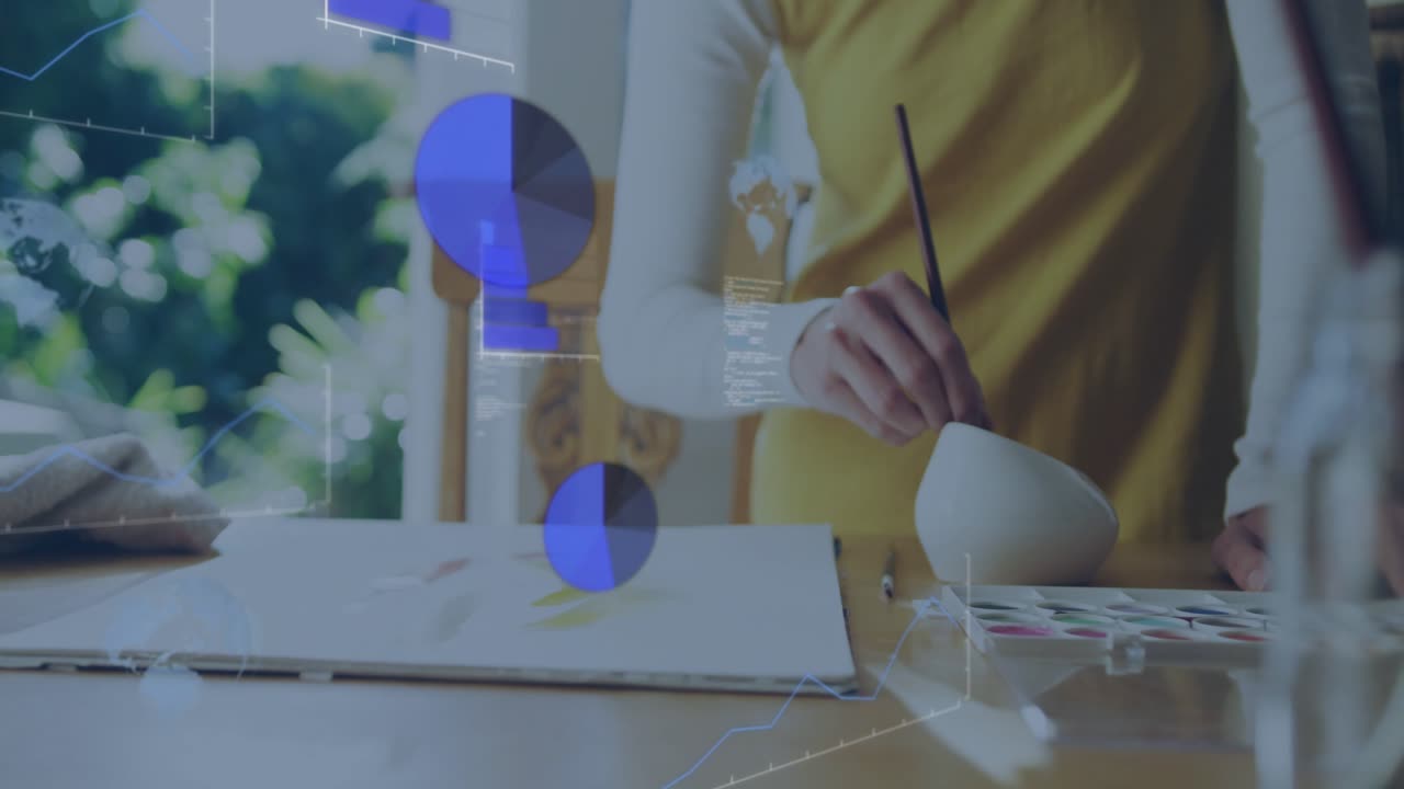 Woman painting, making yellow stroke and dipping brush, growing data overlays across page for art