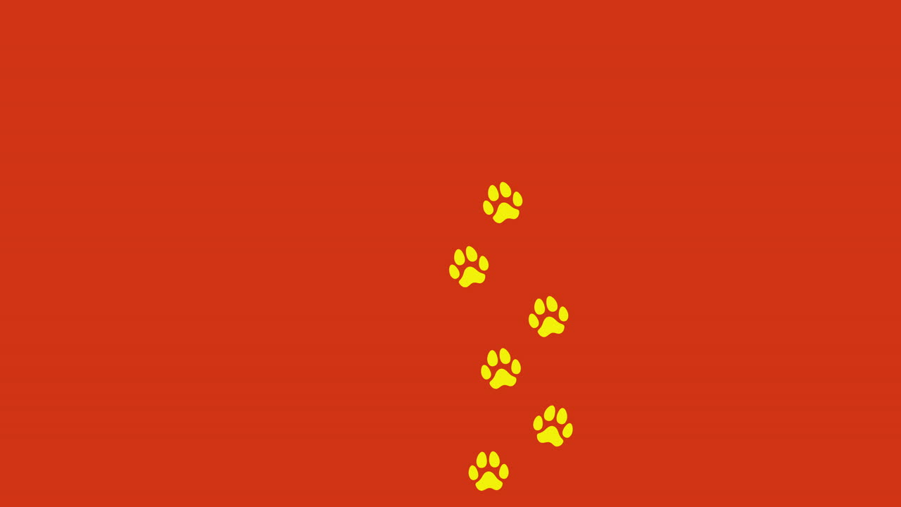Animation: a trail of yellow footprints on an orange background, a dog walking alone on a path going from bottom to top, vertical orientation
