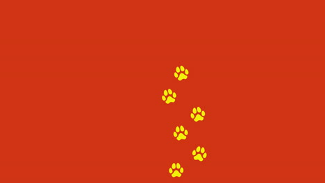 animation: a trail of yellow footprints on an orange background, a dog walking alone on a path going from bottom to top, vertical orientation