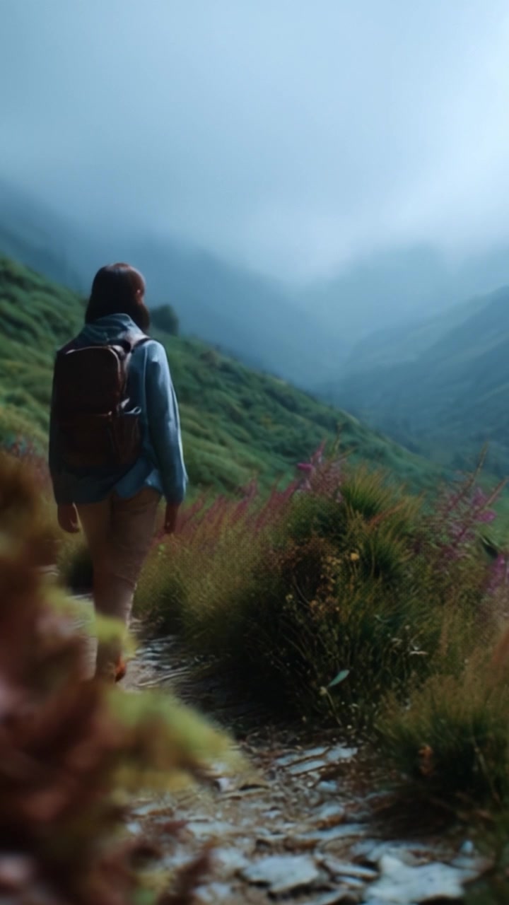 A solitary traveler explores a misty mountain trail, surrounded by vibrant flora and serene landscapes, evoking a sense of adventure and tranquility in nature.