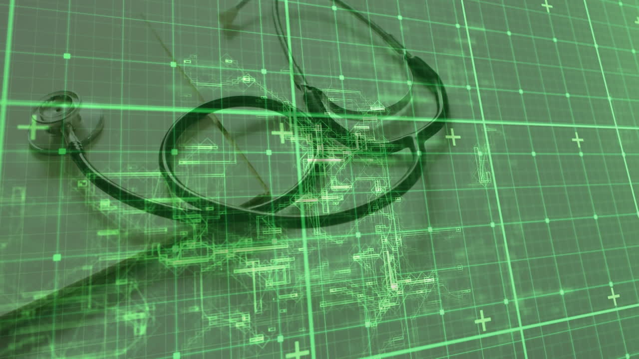 백색 배경에 스테토스코프와 노트북을 통해 데이터 처리의 애니메이션