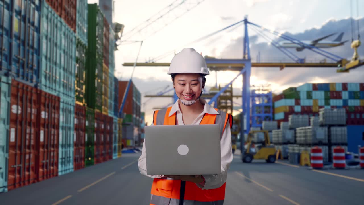 Front View of Asian Female Engineer Use Computer While Walking at Port with Container Ship and Cranes at Sunset