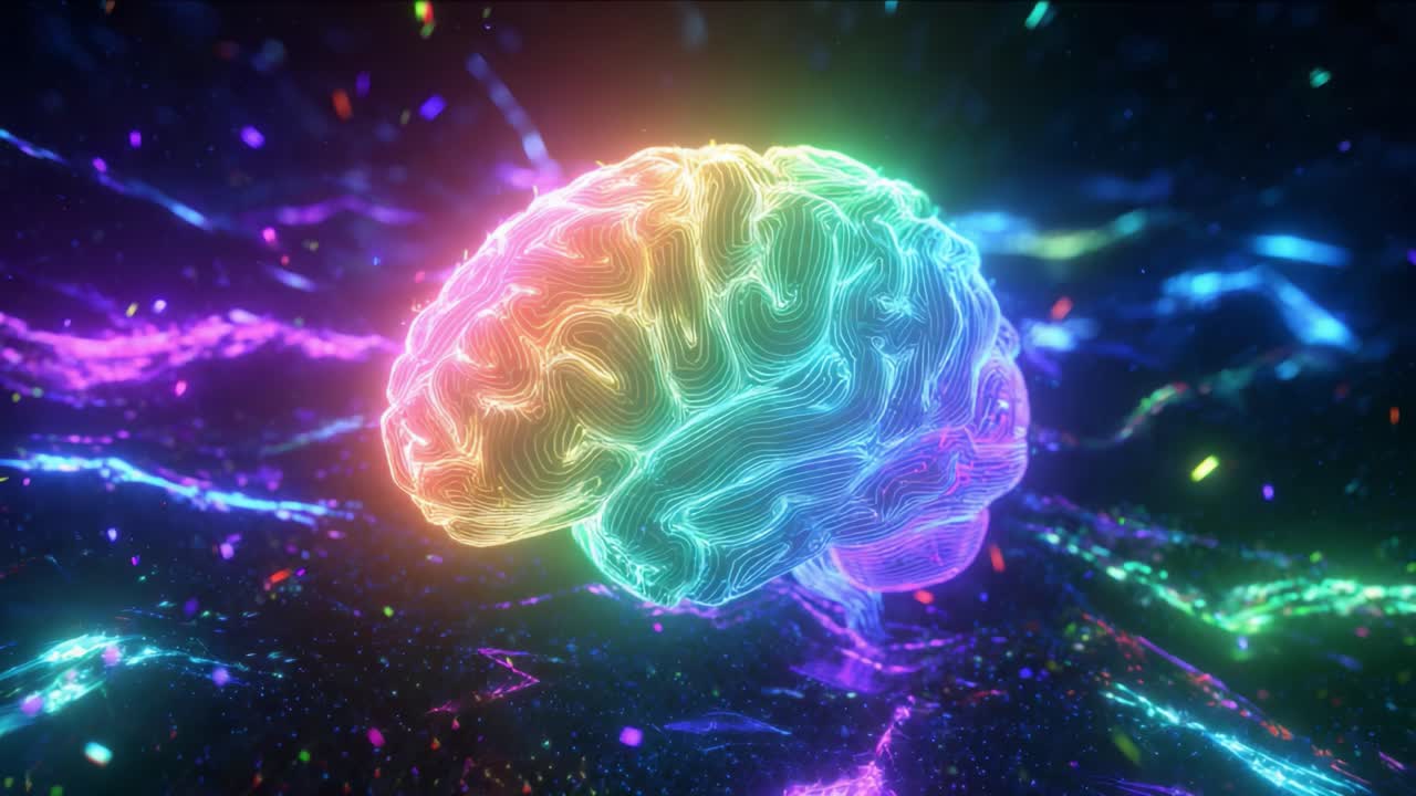 Colorful human brain model glowing with rainbow hues and electric pulses, symbolizing intelligence, creativity, AI driven thought, neural networks and futuristic digital cognition