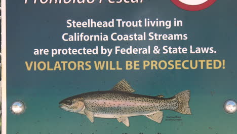 tilt down on a no fishing sign for endangered steelhead trout on the ventura river in ojai california