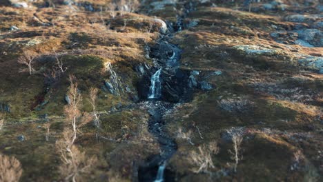 a mountain river cascades from the gentle slope