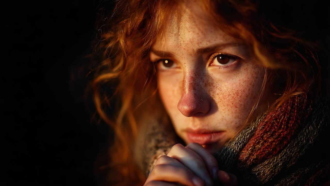 A Young Woman with Freckles Deep in Thought, Embraced by Warm Light, Capturing a Moment of Reflection and Introspection in a Tranquil Setting