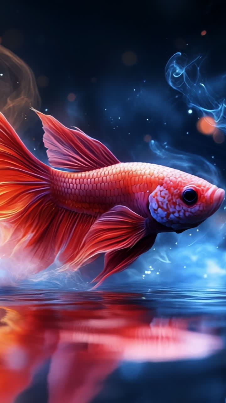 Fish gliding in rainbow smoke. A vibrant goldfish glides gracefully beneath swirling colorful smoke in a tranquil aquatic setting.