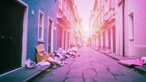 sunset alley scene with litter