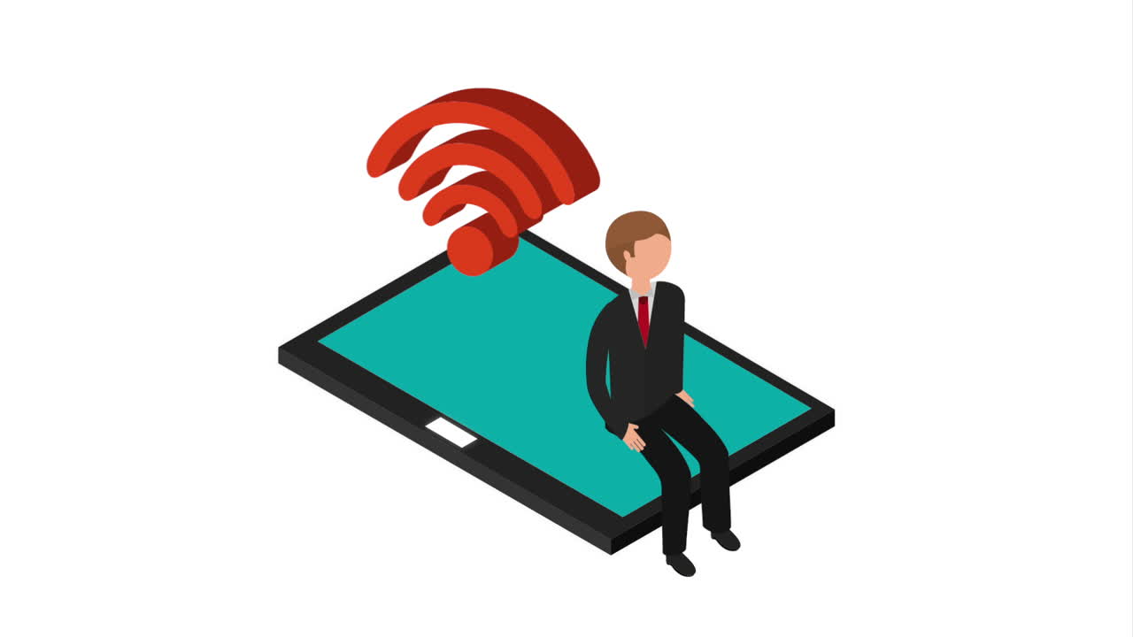 hombre de negocios sentado en un teléfono inteligente con una señal wifi