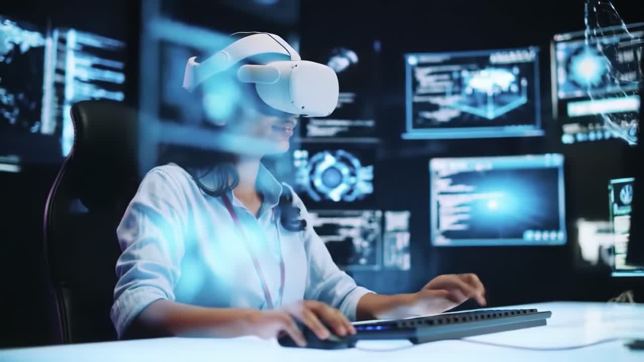 A woman engages with virtual reality gear in a modern tech environment filled with screens and digital displays. The atmosphere showcases advanced technology and interactive experiences.