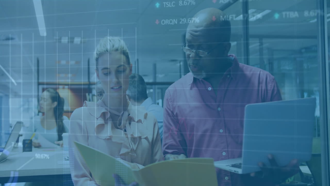 Animation of financial data processing over diverse business people in office