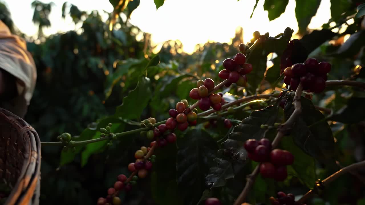 Primer plano en vídeo de una mano recolectando cerezas de café maduras, grabado desde un ángulo bajo con luz suave