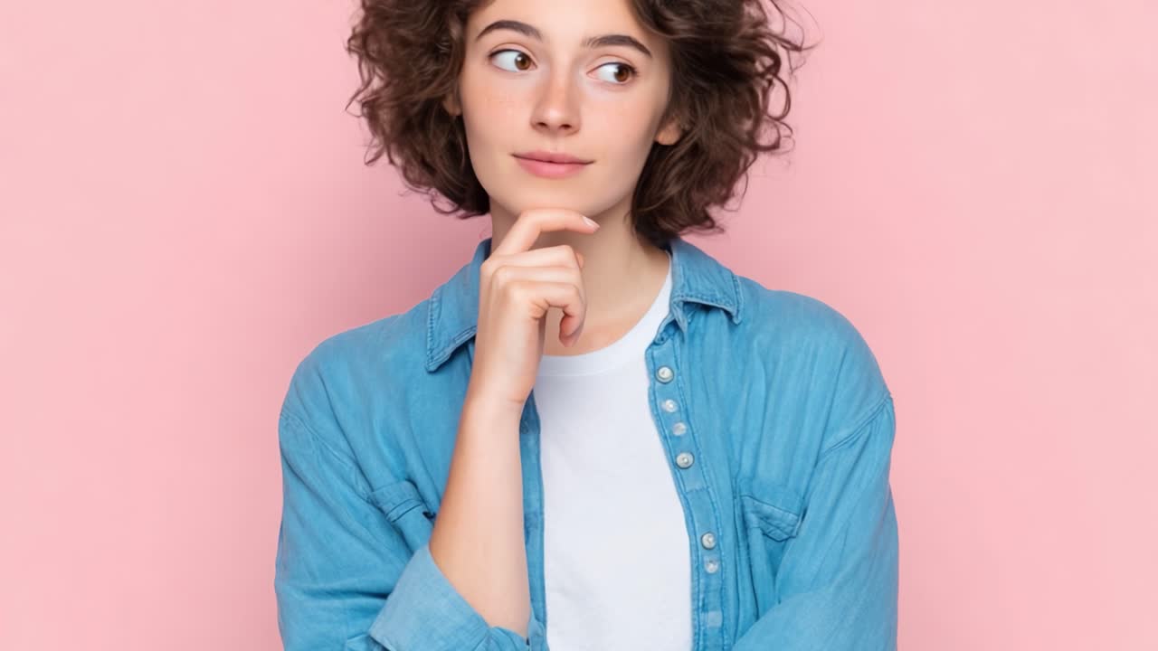 Una giovane donna pensierosa con capelli ricci che riflette su idee su uno sfondo rosa tenue, raffigurando curiosità e contemplazione in un ambiente informale.
