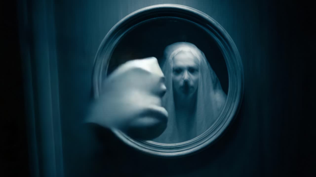 An Eerie Reflection: A Disturbing Encounter with a Veiled Figure in a Ghostly Mirror, Capturing the Essence of Fright and Unease in Each Frame